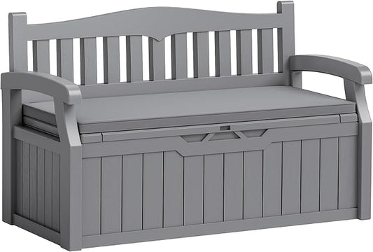Flamaker 80 Gallon Storage Bench with Cushions Outdoor Indoor, Durable All-Weather Seating with Hidden Storage, Lockable Deck Box for Garden, Patio, Poolside (Grey) Flamaker
