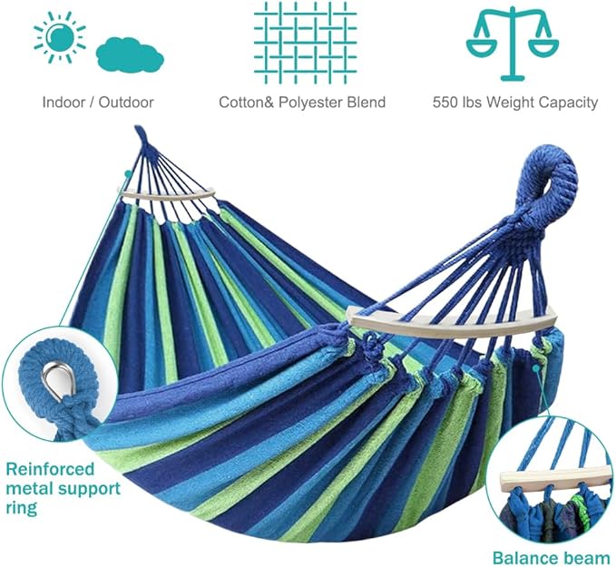 MOSFiATA Hammocks Portable Camping Hammock Upgraded 550lb Comfortable Fabric Hammock with Two Anti Roll Balance Beam and Sturdy Tree Straps for Camping, Patio, Backyard, Outdoor （Blue Green） MOSFiATA
