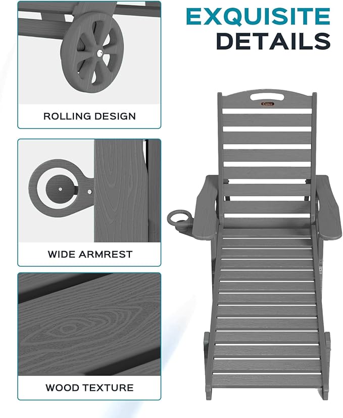 Ciokea Lounge Chair Outdoor, Oversized Chaise Lounge Chair with 5 Positions, HDPE, Patio Lounge Chair with Wheels & Cup Holder for Pool, Deck, Poolside, Dark Grey CIOKEA