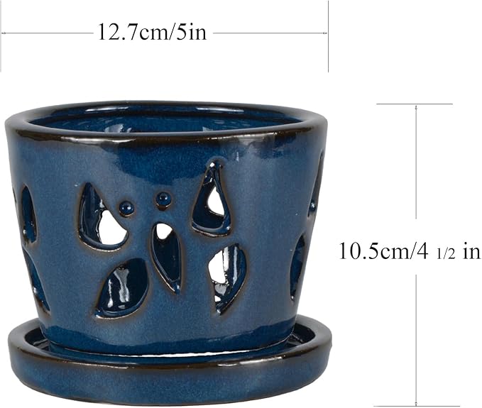 W&W Orchid Pot with Holes and Saucer for Repotting, Blue, 5 Inch WWHomeDecor