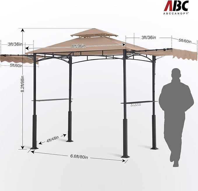 ABCCANOPY Grill Gazebo with 2 Side Awnings - 14x5 Outdoor BBQ Canopy Shelter with 2 Led Lights for Patio Backyard Grilling (Khaki) ABCCANOPY