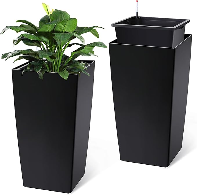 Garvee 30" Tall Planters Set of 2, Outdoor＆Indoor Black Planter Pots, High Front Porch Planter Pots with Drainage Holes＆Water Level Monitor＆Inner Bucket,Black Garvee
