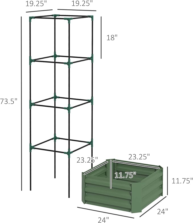 Outsunny Galvanized Raised Garden Bed, 73.5" Tall Outdoor Planter Box with Trellis Tomato Cage and Open Bottom for Climbing Vines, Vegetables, Flowers in Backyard, Garden, Patio, Green Outsunny