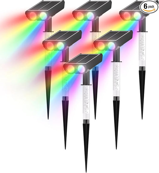 RGB Solar Spot Lights : 2 IN 1 Solar Lights Outdoor with 8 Lighting Modes & PC Light Guide Column for Tree Garden Yard Pathway | RGB Color Changing Landscape Lights | IP65 Waterproof | 6 Pack Rootora