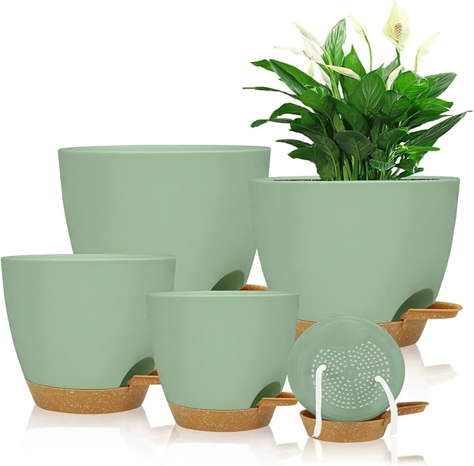 Self Watering Planters with Drainage Holes Reservoir,Nursery Planting Pot for Indoor Decor Garden Plants Succulents,Snake Plant, African Violet,Plastic Flower Pots Set 7+6.5+6+5.5+5 Inch (Green) STSTECH