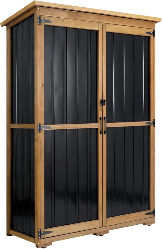 Outdoor Storage Cabinet Waterproof with Shelves, Outdoor Storage Shed Garage Cabinet Weatherproof, Wood & Metal Outside Patio Backyard Garden Pool Storage Tool Organizer PETSCOSSET
