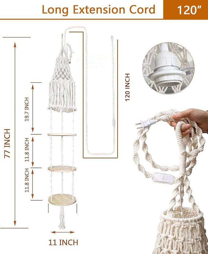 Macrame Plant Hanger Shelf Hanging Rope Shelf Indoor with Boho Lamp Shade 3 Tier Floating Round Shelves Decorative Shelf Flower Pot Holder Planter Display Rack Boho Home Decor-1 Set YKBU