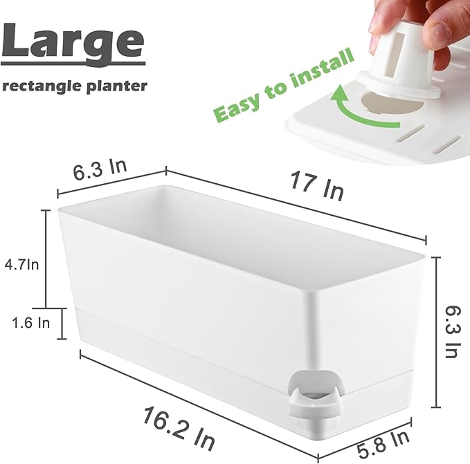 4 Pack Self Watering Pots for Indoor Plants 17 Inches Window Boxes Planters Rectangular Flower Pots Rectangle Herb Pots Large Plant Pots with Drainage Holes and Saucers Windowsill Planter, White KvyusFlourish
