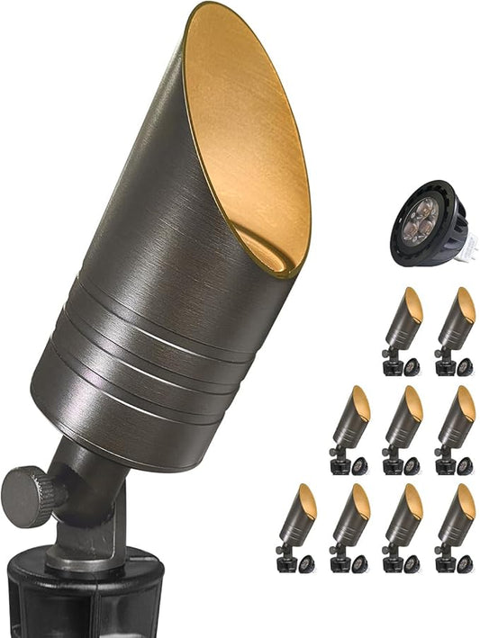 MALORY Brass Spot Lights Outdoor 10-Pack,12V AC/DC Low Voltage LED Landscape Lighting,Waterproof Spot Up Light for Garden,Patio and Yard (S05-Bronze, 10-Pack with Bulb) MALORY