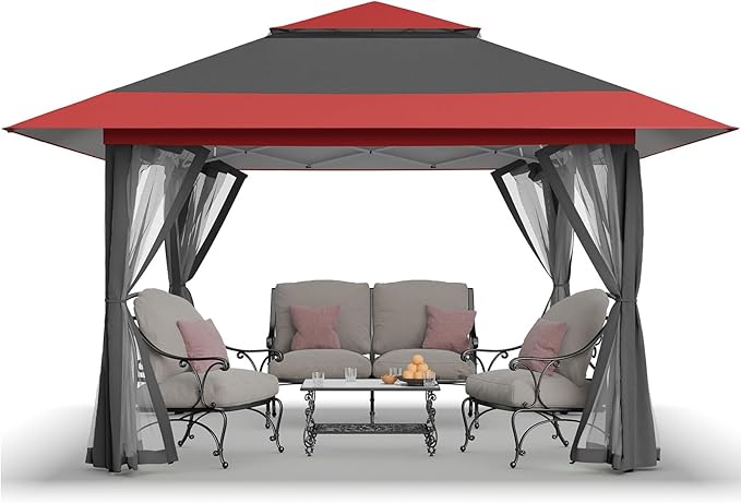 CROWN SHADES 11x11 Pop Up Gazebo, Patented One Push Outoor Canopy Tent with Wheeled STO-N-Go Cover Bag, Pop Up Canopy with Netting for Patio, Backyard (11x11, Red &Grey) CrownShades