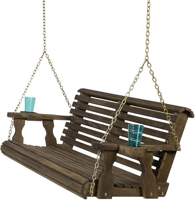 Amish Casual 5 Foot Roll Back Porch Swing with Cup Holders in Dark Walnut Stain - Amish Made in The USA from Treated Pine Heavy Duty 700 Lb. Weight Capacity AmishCasual
