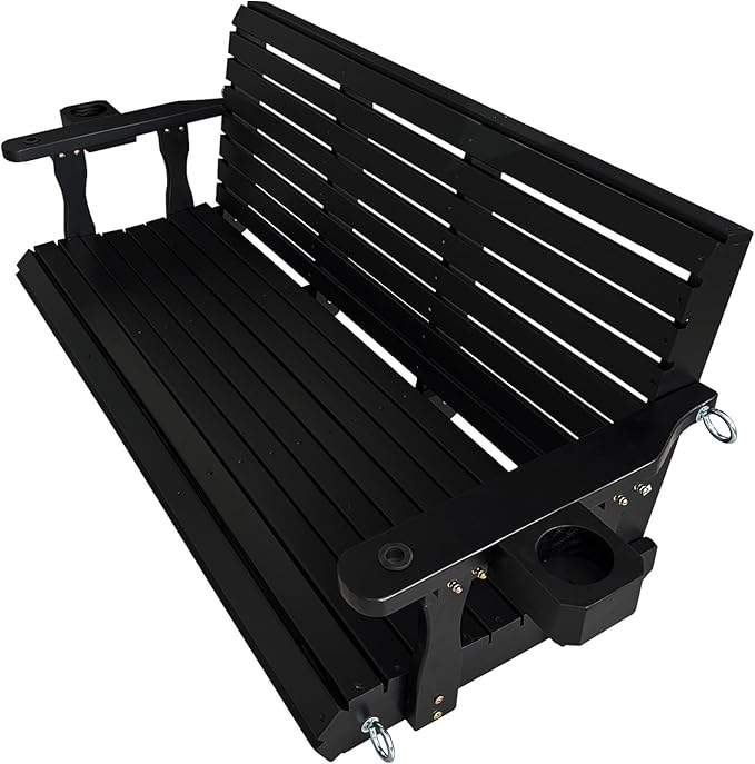 Wooden Porch Swing 3-Seater, High Backrest and Deep Seat, Bench Swing with Cupholders, Hanging Chains and 7mm Springs, Heavy Duty 880 LBS, for Outdoor Patio Garden (Carbon Black, 5 FT Extra Large) FortuneCandy