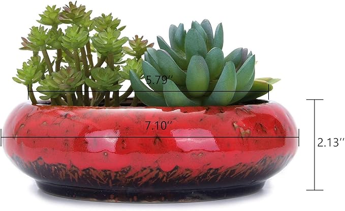 VanEnjoy 7.1 inch Round Large Shallow Succulent Ceramic Glazed Planter Pots with Drainage Hole, Bonsai Pots Garden Decorative Cactus Stand Flower Container (Red) VanEnjoy