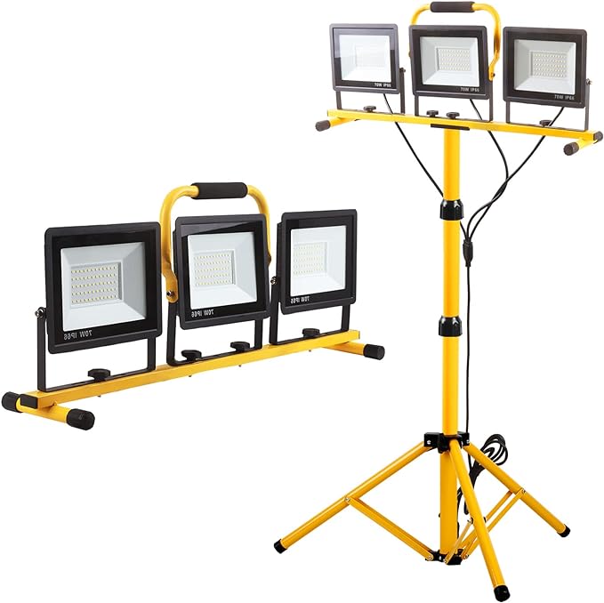 22000 Lumen Work Lights with Stand, 3 Head Portable LED Work Light, with Adjustable&Foldable Tripod Stand, IP66 Waterproof Lamp for Outdoor Indoor Job Site Workshop Garage Construction Site Lighting GUWELL