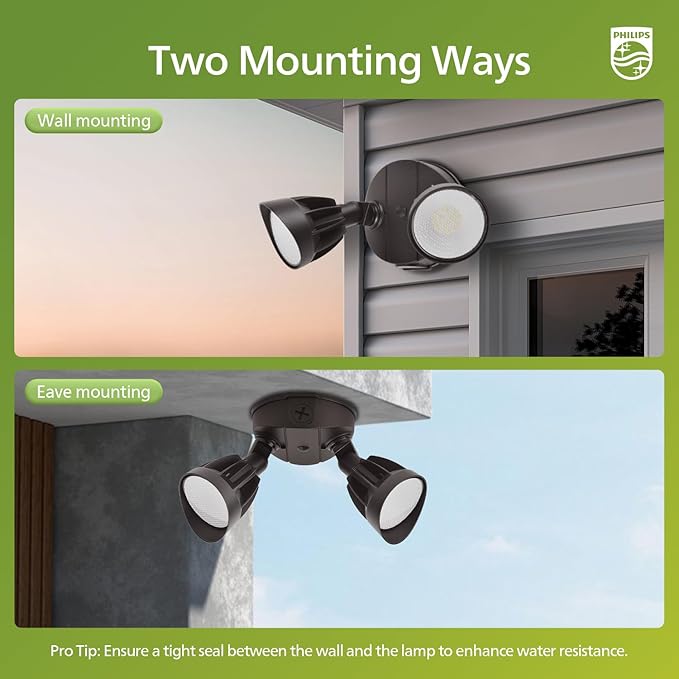 Philips 44W 3500LM ‌LED Security Flood Light‌ ‌Outdoor‌，Switch Controlled Aluminum ‌Security Light‌, 2 Adjustable Heads，5000K Daylight，Wet Location for Patio, Garden, Yard Lights PhilipsLightingLED