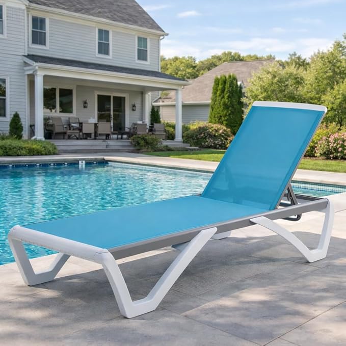 Kozyard Outdoor Chaise Lounge Chair, Full Flat Adjustable Patio Lounger with Aluminum Frame & Resin Legs, Textilene Fabric for Poolside, Backyard & Beach (Aqua/WhiteFrame, Chair Without Table) Kozyard