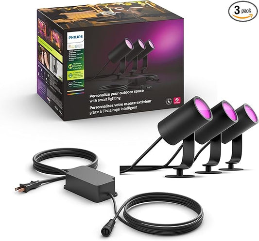 Philips Hue Lily Outdoor Smart Spotlight Base Kit, 3 Pack, White and Color Ambiance LED Walkway Lights, Low Voltage Landscape Lighting, Requires Bridge, Control with App & Voice, Weatherproof PhilipsHue