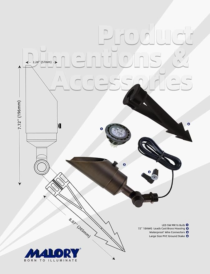 MALORY Brass Landscape Spotlight 1-Pack with MR16 Bulb Kit(S04), Low Voltage 12V AC/DC Shroud Adjustable Outside Yard Lighting,PVC Ground Stake and Wire Connector Included, 5W 2700K Warm White MALORY