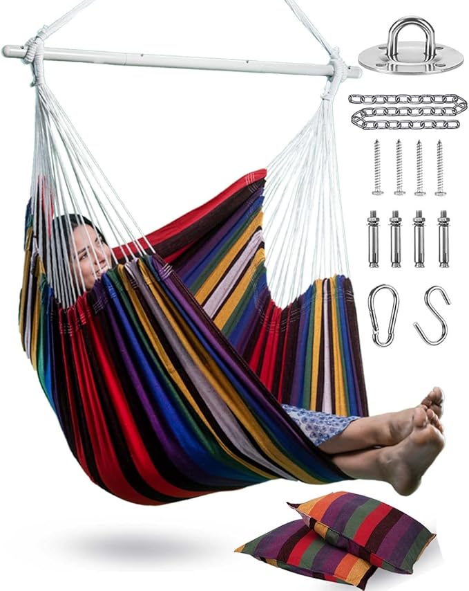 XXL Hammock Chair Hanging Rope Swing with 2 Cushions - Max 500lbs-Perfect for Patio, Porch, Bedroom, Backyard, Indoor or Outdoor - Includes Hanging Hardware Kits Rainbow Lulladle