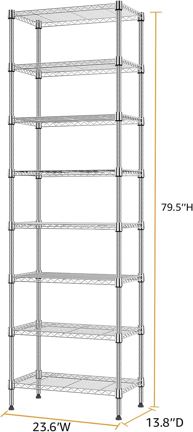 8 Tier 2000 lbs Storage Rack Metal Wire Shelving Unit, Storage Standing Shelf Organizer for Laundry Bathroom Kitchen Pantry Closet Garage Utility Room, Chrome 13.8" D x 23.6" W x 79.5" H MEIGAOPLASTICANDMETALHKCOLIMITED