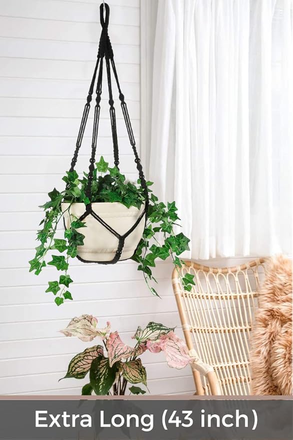 43 Inches Macrame Planter Hanger Large for 12 inch Pot + Swag Hook (Extra Long & Big) | Large Hanging Planter for Indoor Plants | No Tassel, Cotton Rope, NO Pot/Plant Included (Black)(XL) Shineloha