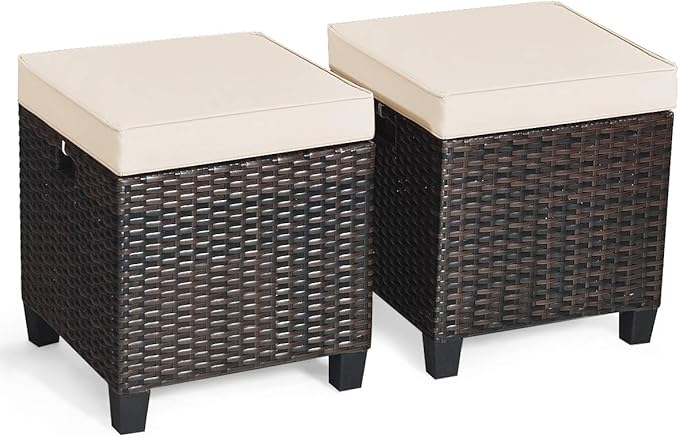 Tangkula 2 Pieces Outdoor Patio Ottoman, All Weather Rattan Wicker Ottoman Seat, Patio Rattan Furniture, Outdoor Footstool Footrest Seat w/Removable Cushions TANGKULA
