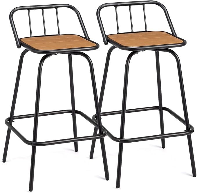 VINGLI 2 PCS Outdoor Swivel Bar Stools, 30 Inch Metal Barstools with Backrest & Footrest, 360° Rotating All-Weather Stools for Garden, Balcony, Kitchen Island (Teak) VINGLI