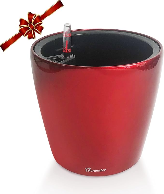 Dexceder 9x8 Inches High Gloss Self Watering Planter Indoor Outdoor, Inner Pot Design, Thickened Table Flower Plant Pot with Water Level Indicator (Red) Dexceder