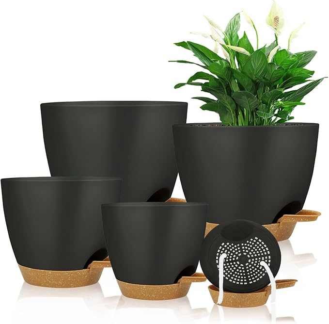 Self Watering Planters with Drainage Holes Reservoir,Nursery Planting Pot for Indoor Decor Garden Plants Succulents,Snake Plant, African Violet,Plastic Flower Pots Set 7+6.5+6+5.5+5 Inch (Black) STSTECH