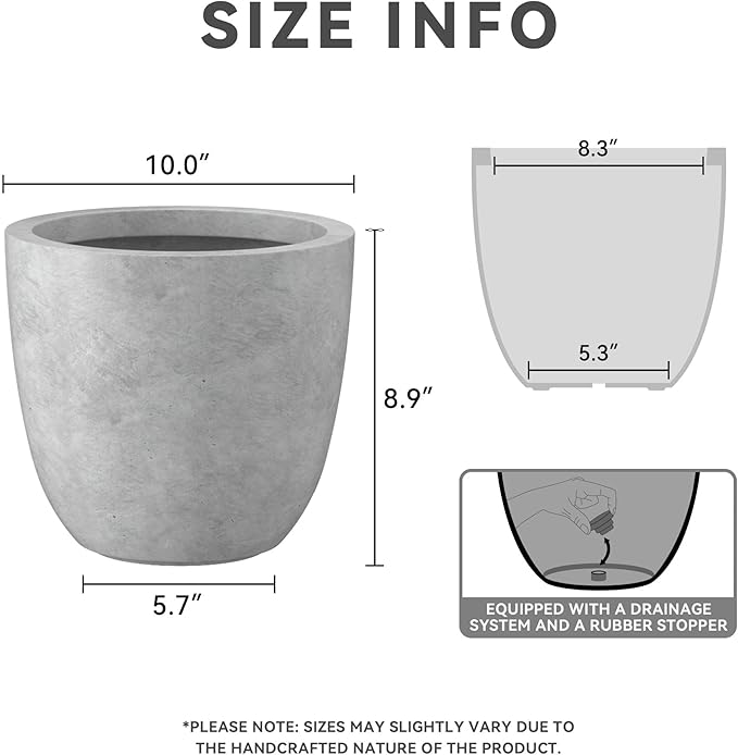 Kante 10 Inch Dia Round Concrete Planter, Indoor Outdoor Large Plant Pot with Drainage Hole and Rubber Plug for Home Patio Garden, Natural Concrete Kante