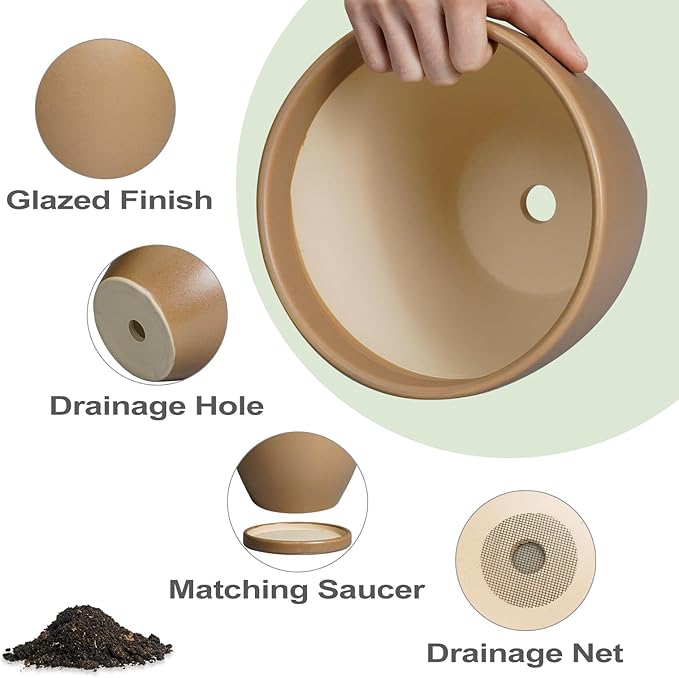 Ceramic Pots for Plants - 8 Inch Planter, Indoor Plant Pot with Drainage Hole and Saucers, Modern Flower Planter, Home Garden Patio Bathroom Porch Room Decor, Brown EPFamily