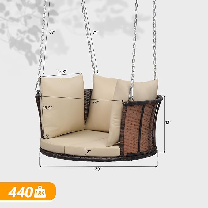 VINGLI 2.4 FT 1-Person Use Round Rattan Porch Swing Outdoor Support 440 LBS with Cushions & Adjustable Chains, Patio Wicker Swing Bench Chair for Garden, Yard, Lawn, Tree, Brown VINGLI