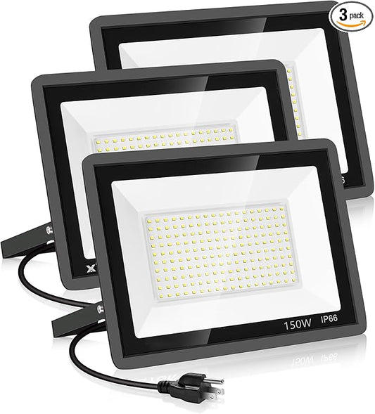 3 Pack 150W LED Flood Light Outdoor,Super Bright Exterior Security Light with Plug,IP66 Waterproof Flood Light, 15500LM 5000K Daylight White Floodlight for Yard, Garden,Basketball Court, Arena YANYCN