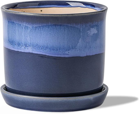 5.8 Inch Plant Pot: Ceramic Planter with Drainage Hole & Saucer for Indoor Outdoor Plants - Flowerpot with Bonded Tray for Home Office - Blue Reactive Glaze Chubacoo