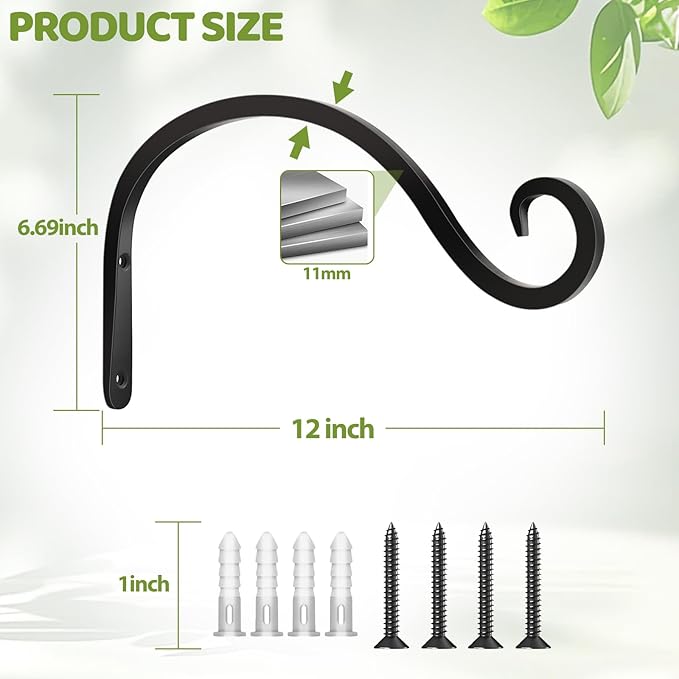 BOLITE Plant Hangers Outdoor Indoor, 12 Inch Wall Plant Hooks, Metal Bird Feeder Hanger for Hummingbird Feeders, Planters, Lanterns, Wind Chimes, Home Decor, 2 Pack, Black, Gifts for Women Men Bolite
