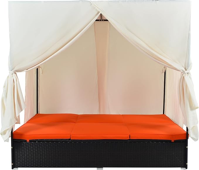 Patio Chaise Lounge, PE Rattan Outdoor Patio Wicker Sunbed Daybed with Adjustable Seats, Four-sided Canopy, Overhead Curtain and Orange Cushions for Backyard, Garden, Poolside (for 2-6 people) HarperBrightDesigns