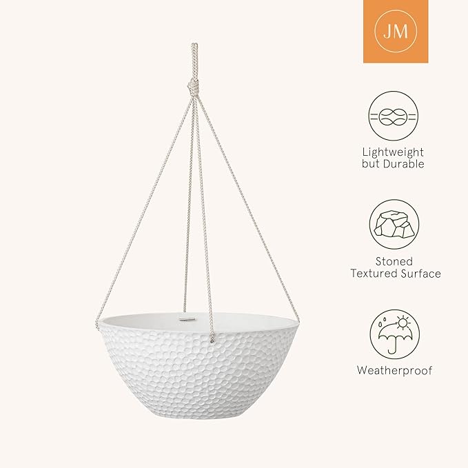 LA JOLIE MUSE Hanging Planters for Outdoor Plants, Large Hanging Planter with Drain Holes, Outdoor Hanging Flower Pots, White Stone, Honeycomb (13.2 Inch, Set of 2) LaJol%C3%ADeMuse