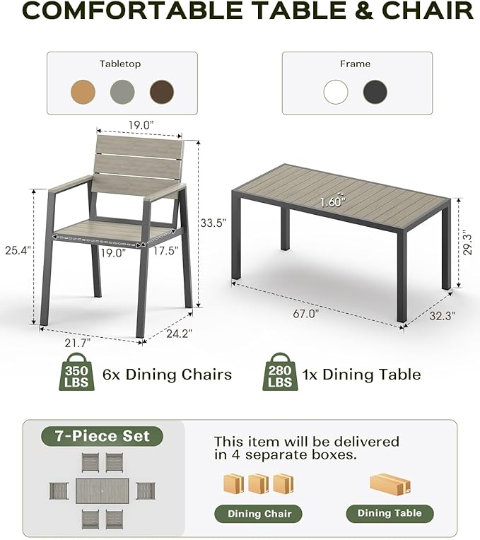 Outdoor Dining Chairs Set of 2, HDPS + Aluminum Patio Dining Chairs with Ergonomic Design and Wide Seat, 2 Piece Outdoor Chairs for Garden, Backyard, Deck (Gray) Vexwalx