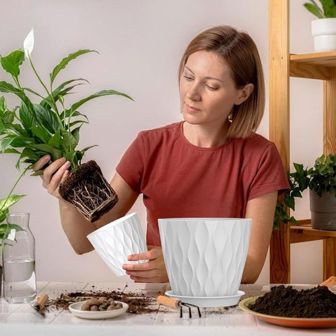 4/4.5/5/5.5/6/6.5/7 Inch Plant Pots,7 Pack Flower Pots with Drainage Holes and Trays,Plastic Planters for Indoor Outdoor Plants Growth,White SQKH