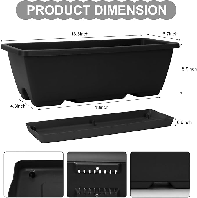 Window Box Planter, 6 Packs 17 Inches Rectangle Planters Box with Drainage Holes and Trays, Vegetable Planters for Windowsill Patio Garden Home Decor Porch Yard Dark Gray OSMOFUZE