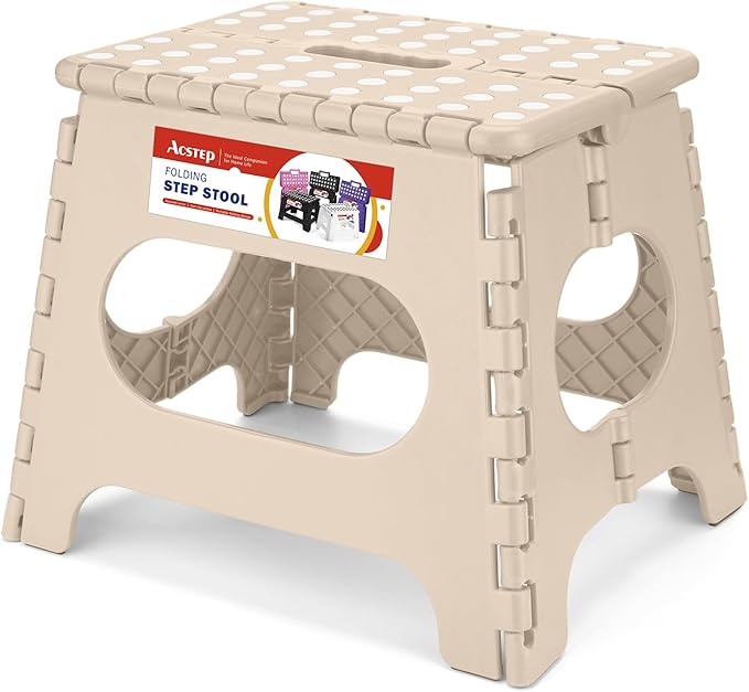 ACSTEP Folding Step Stool 11 Inch, Sturdy Plastic Foldable Step Stool for Kids & Adults, Non Slip Lightweight Collapsible Foot Stools Holds 300 lbs, Ideal for Kitchen, Bathroom, Outdoor, Khaki ACSTEP