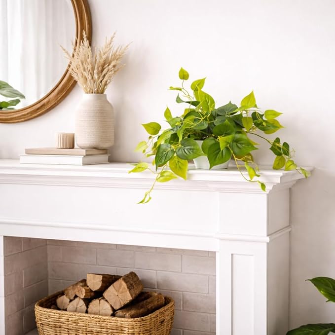 alyptus Fake Pothos Hanging Plants – Set of 2 Faux Ivy Vines Realistic Silk Devil’s Ivy for Indoor Décor, Low Maintenance Artificial Greenery for Home Bathroom or Office - Green with White Pots ALYPTUS