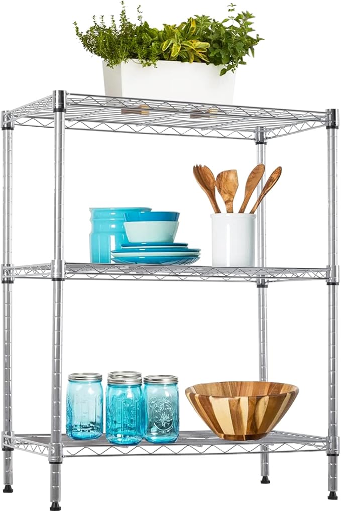 BestOffice 23Lx13.2Wx30.2H Adjustable Metal Storage Shelves 3-Tier Wire Shelving Unit Organizer Wire Rack 450Lbs Capacity for Small Places Kitchen Garage,Chrome BestOffice