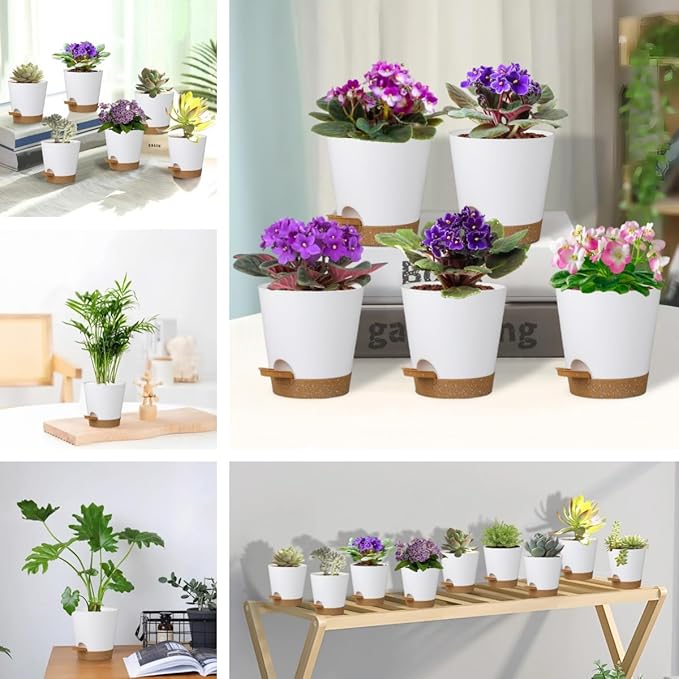 5 Pack 5 inch Self-Watering Pots, African Violets Planter with Drainage Holes and Reservoir, White Brown Plastic Planter for Indoor Outdoor Plants Flowers and Houseplants White Brown, 5 inch 5 pcs zople