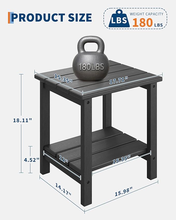 GarveeLife Adirondack Outdoor Side Table 18 x 15 in, HDPE 2-Tier Patio Side Tables for Outside, All-Weather End Table for Patio Pool Deck Indoor Backyard, Black GarveeLife