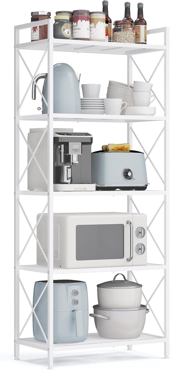 SONGMICS 5-Tier Metal Storage Rack, Shelving Unit with X Side Frames, Dense Mesh, 12.6 x 23.6 x 57.3 Inches, for Entryway, Kitchen, Living Room, Bathroom, Industrial Style, Cloud White UBSC165W01 SONGMICSbySONGMICSHOME