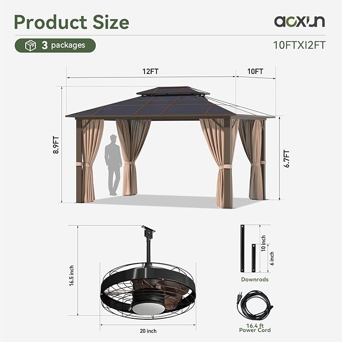 Aoxun 10'x12' Hardtop Gazebo, Aluminum Frame Permanent Pavilion with Netting and Curtains, Outdoor Polycarbonate Double Roof Canopy with Ceiling Fan, Designed for Lawn, Garden, Patio, Brown Aoxun
