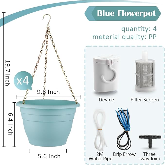 Hanging Planters 10 Inch, 4 Pcs Flower Pots Automatic Watering System Set, Self Watering Hanging Basket with Drainage Hole for Indoor Outdoor Plants, Decor, Blue RooTrimmer