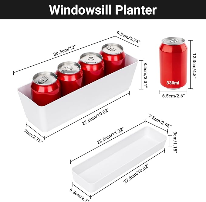 GREANER Flower Boxes, 3 Pack 12x3.8 Inch Rectangle Window Boxes, Herb Planters with Tray, Indoor Succulent Cactus Flowers Plastic Drawable Pot for Windowsill, Garden, Balcony, Office Outdoor (White) GREANER
