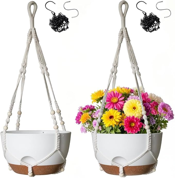 12 Inch Hanging Baskets for Plants Outdoor, Hanging Planters for Indoor Outdoor Plants, Hanging Planter with Self Watering, Hanging Flower Pots (White Planter with Macrame + Iron Hangers) LesOasis